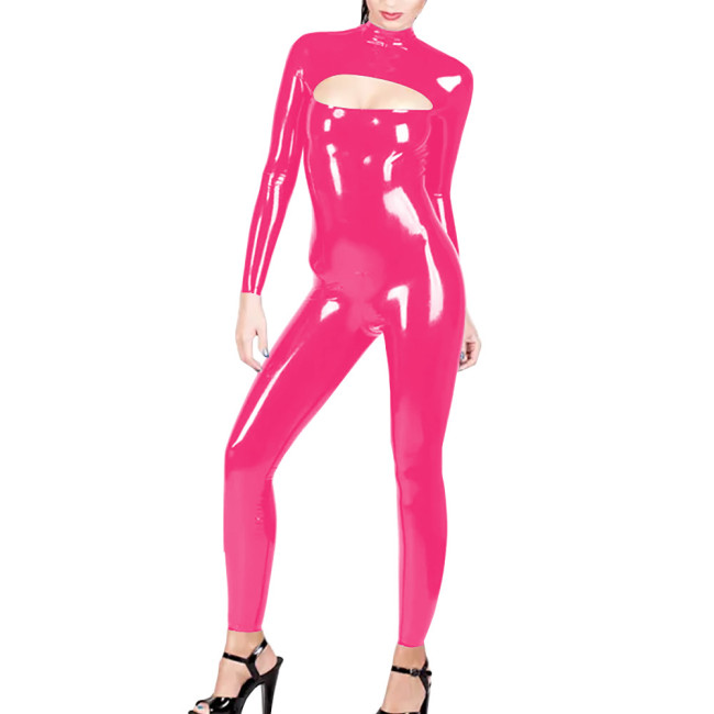 Latex Look Bodysuit for Cross-dressing Sexy Jumpsuit High Neck Hollow-Out Long Sleeve Rompers Pole Dancing PVC Leather Zentai