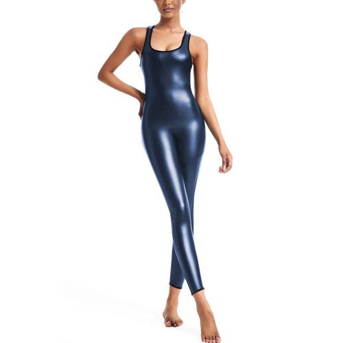 Unisex Slim Fit Jumpsuit for Party Cosplay Underwear Sleeveless Sexy Solid Color Catsuit PU Faux Leather Tight Bodysuit Zentai