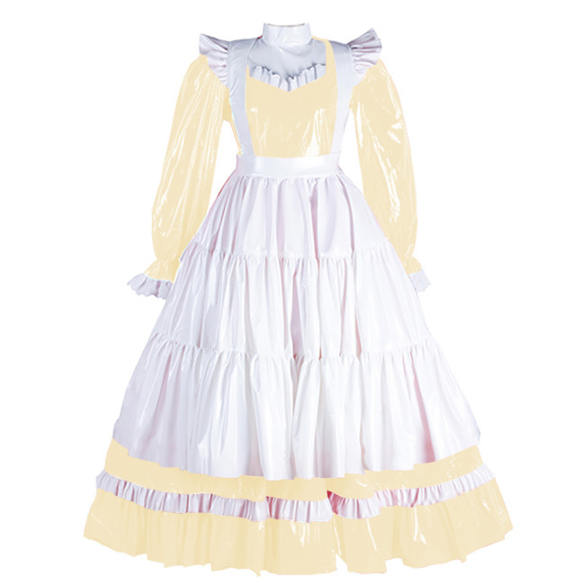 Sissy Lockable Maid Dress with Apron for Adult High Ncek Lolita Bowite Maid Maxi Dress Wet Look PVC Exotic Maid Servant Outfit