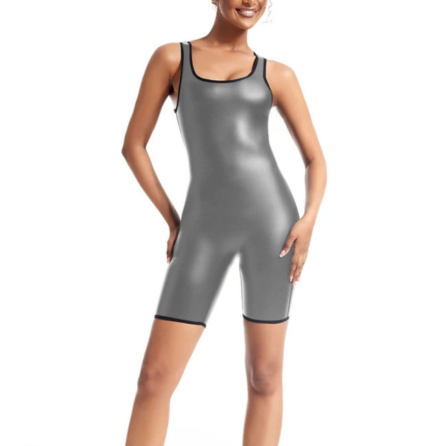 Women's U Neck Sleeveless Bodysuit Body Shapers Stretch Matte Faux Leather Short Jumpsuit PU Slim Playsuit Female Tank Rompers