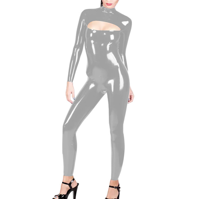 Latex Look Bodysuit for Cross-dressing Sexy Jumpsuit High Neck Hollow-Out Long Sleeve Rompers Pole Dancing PVC Leather Zentai