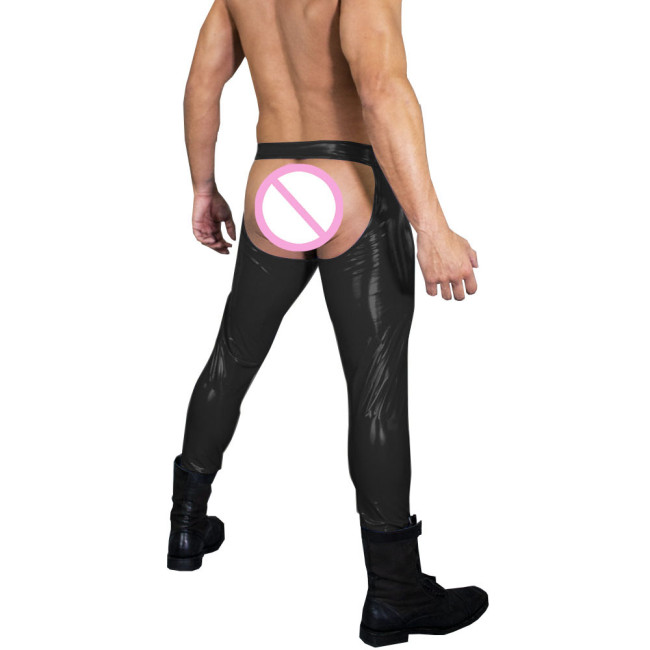 Sexy Low-rise PVC Shiny Leather Pants Leggings Erotic Hollow Out Expose Buttocks Trousers Male Tights Cosplay Cross Dress Sissy