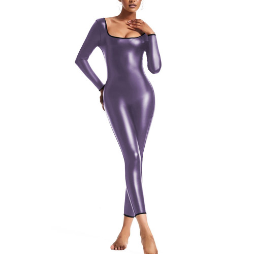 Long Sleeve Jumpsuit for Womens PU Faux Leather Slim Leggings Bodysuit Female U-neck Tight Rompers Pole Dance Catsuit Clubwear