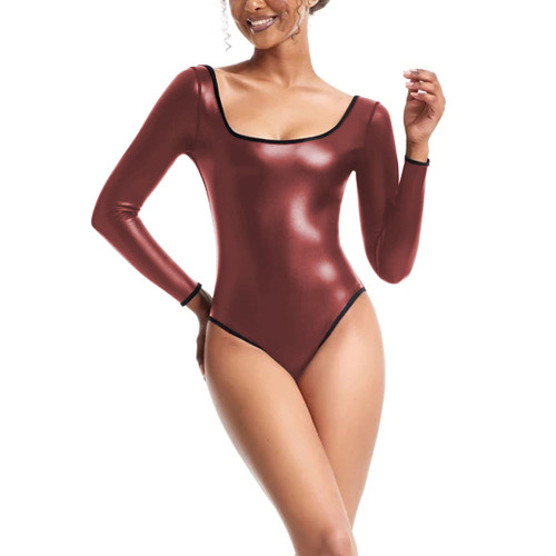 Womens Bodysuit Sexy Low Cut Square Neck Long Sleeve Playsuit Matte PU Leather High Cut Jumpsuit Party Cosplay Shapewear Teddies