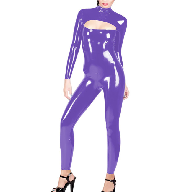 Latex Look Bodysuit for Cross-dressing Sexy Jumpsuit High Neck Hollow-Out Long Sleeve Rompers Pole Dancing PVC Leather Zentai