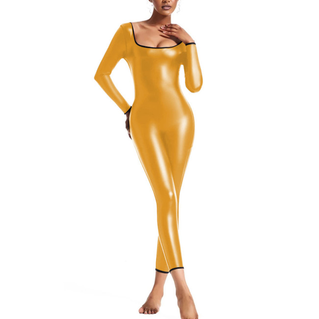 Long Sleeve Jumpsuit for Womens PU Faux Leather Slim Leggings Bodysuit Female U-neck Tight Rompers Pole Dance Catsuit Clubwear