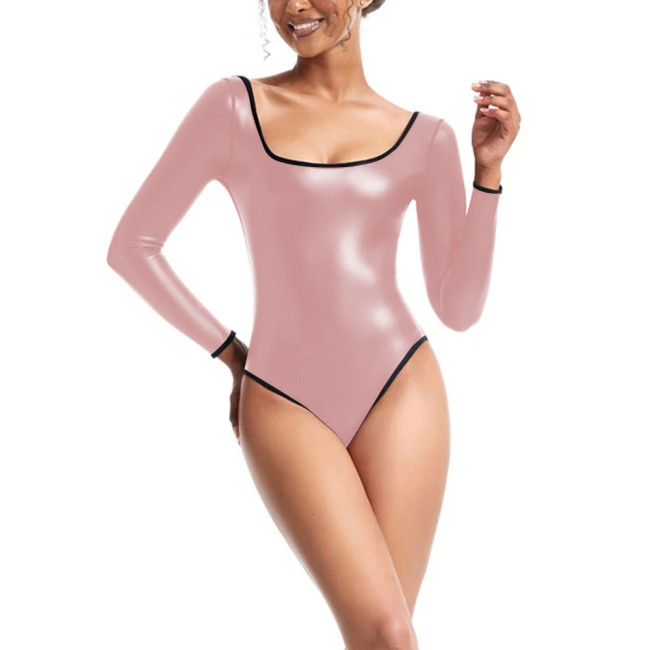 Womens Bodysuit Sexy Low Cut Square Neck Long Sleeve Playsuit Matte PU Leather High Cut Jumpsuit Party Cosplay Shapewear Teddies