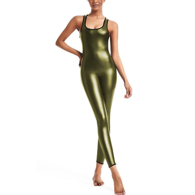 Unisex Slim Fit Jumpsuit for Party Cosplay Underwear Sleeveless Sexy Solid Color Catsuit PU Faux Leather Tight Bodysuit Zentai