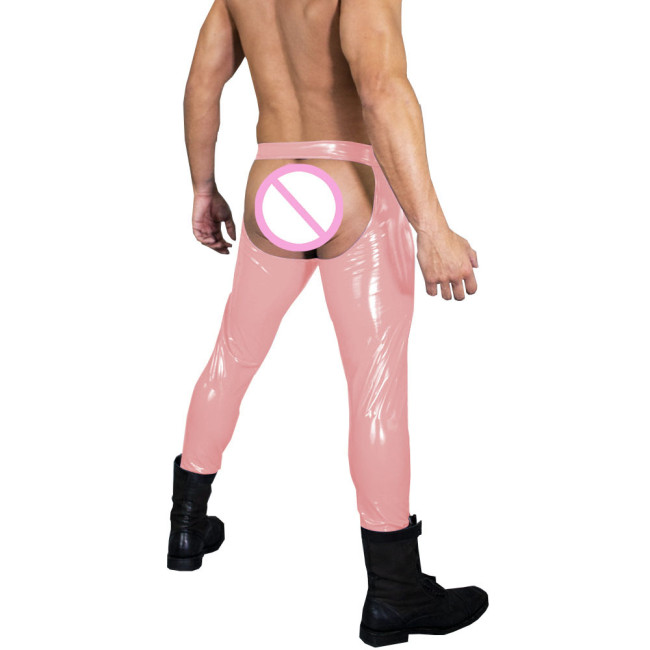 Sexy Low-rise PVC Shiny Leather Pants Leggings Erotic Hollow Out Expose Buttocks Trousers Male Tights Cosplay Cross Dress Sissy