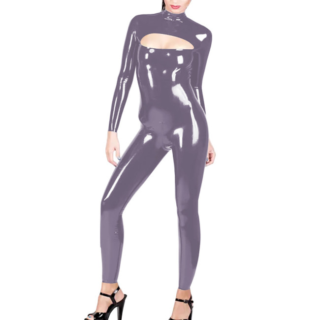 Latex Look Bodysuit for Cross-dressing Sexy Jumpsuit High Neck Hollow-Out Long Sleeve Rompers Pole Dancing PVC Leather Zentai