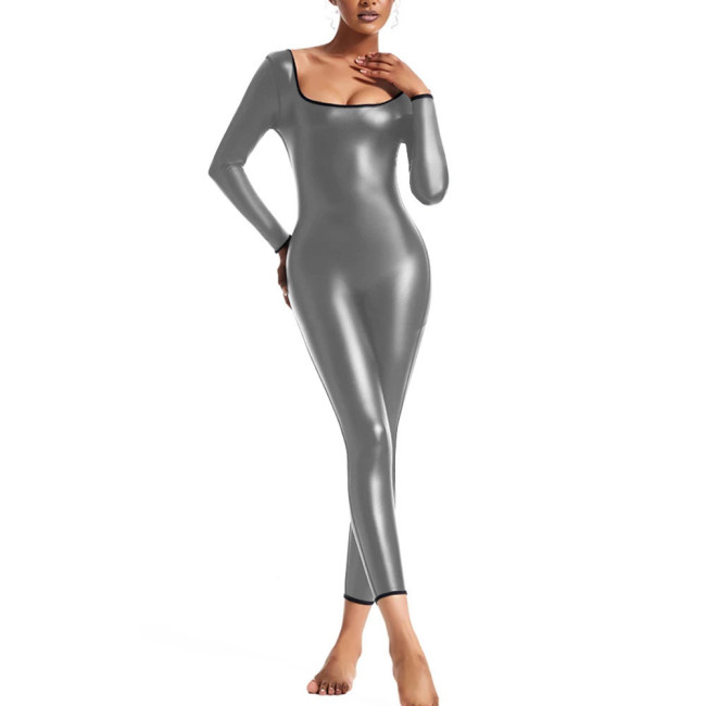 Long Sleeve Jumpsuit for Womens PU Faux Leather Slim Leggings Bodysuit Female U-neck Tight Rompers Pole Dance Catsuit Clubwear