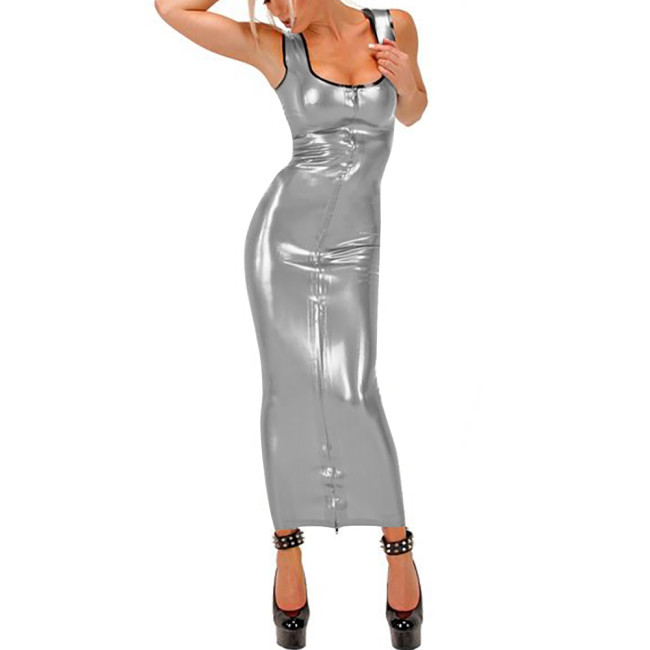 Sexy Bodycon Dress for Women Scoop Neck Sleeveless Robe Front Zipper Maxi Dress Shiny PVC Leather Female's Wild Nightclub Wear