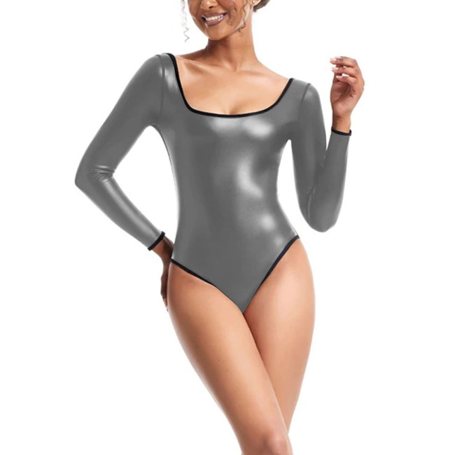 Womens Bodysuit Sexy Low Cut Square Neck Long Sleeve Playsuit Matte PU Leather High Cut Jumpsuit Party Cosplay Shapewear Teddies