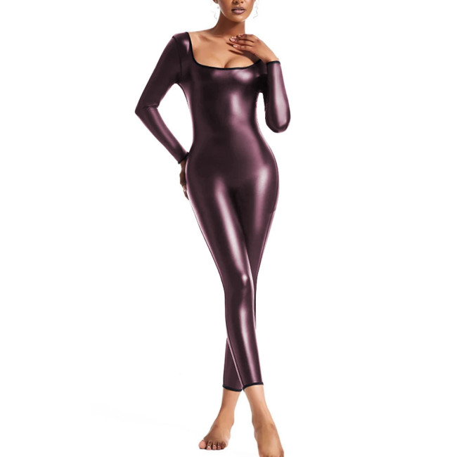 Long Sleeve Jumpsuit for Womens PU Faux Leather Slim Leggings Bodysuit Female U-neck Tight Rompers Pole Dance Catsuit Clubwear