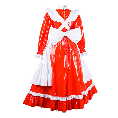 Sissy Lockable Maid Dress with Apron for Adult High Ncek Lolita Bowite Maid Maxi Dress Wet Look PVC Exotic Maid Servant Outfit