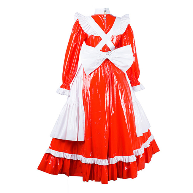 Sissy Lockable Maid Dress with Apron for Adult High Ncek Lolita Bowite Maid Maxi Dress Wet Look PVC Exotic Maid Servant Outfit