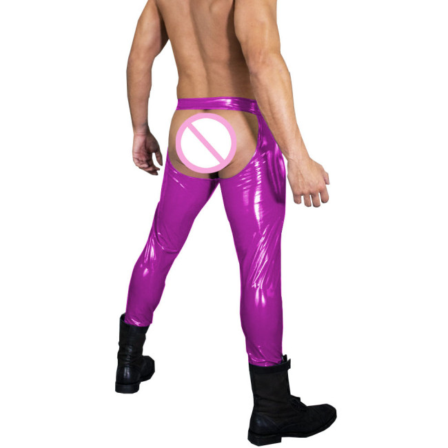 Sexy Low-rise PVC Shiny Leather Pants Leggings Erotic Hollow Out Expose Buttocks Trousers Male Tights Cosplay Cross Dress Sissy