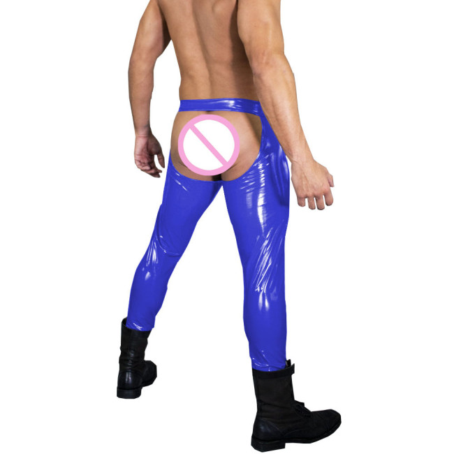 Sexy Low-rise PVC Shiny Leather Pants Leggings Erotic Hollow Out Expose Buttocks Trousers Male Tights Cosplay Cross Dress Sissy