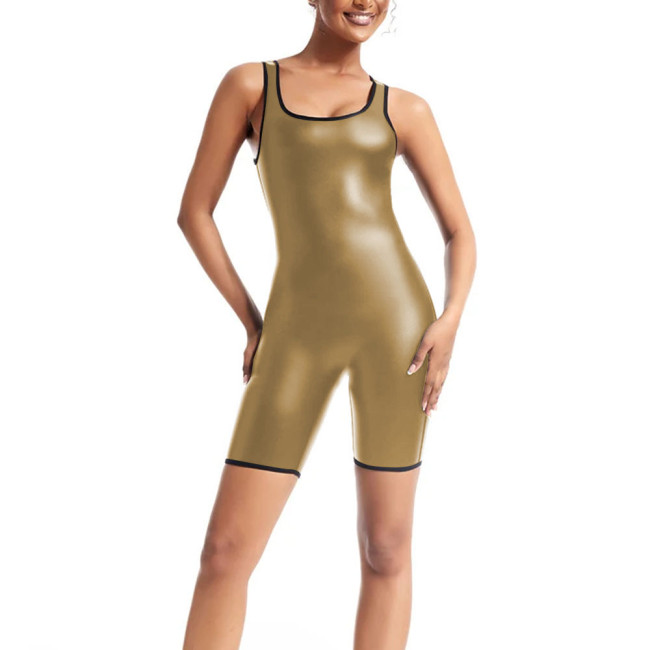 Women's U Neck Sleeveless Bodysuit Body Shapers Stretch Matte Faux Leather Short Jumpsuit PU Slim Playsuit Female Tank Rompers
