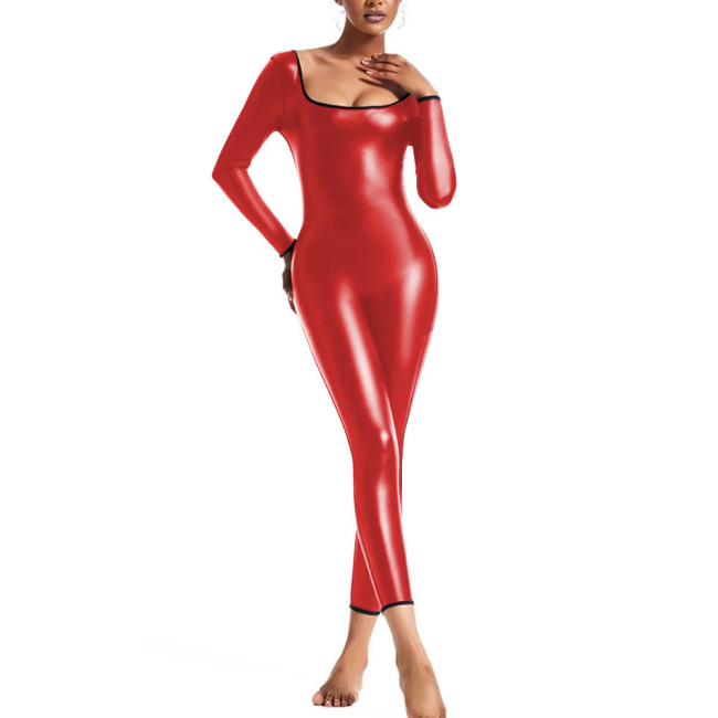 Long Sleeve Jumpsuit for Womens PU Faux Leather Slim Leggings Bodysuit Female U-neck Tight Rompers Pole Dance Catsuit Clubwear