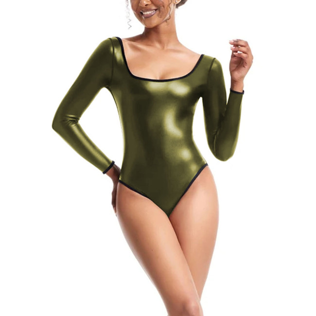 Womens Bodysuit Sexy Low Cut Square Neck Long Sleeve Playsuit Matte PU Leather High Cut Jumpsuit Party Cosplay Shapewear Teddies