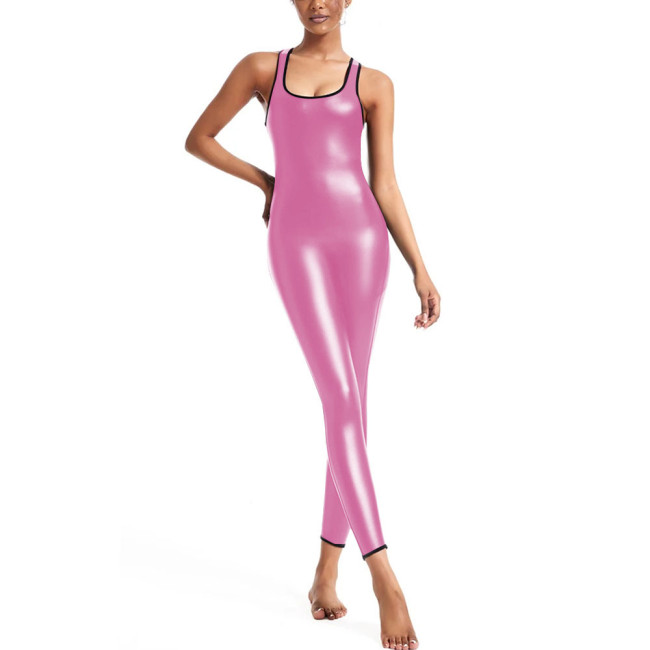 Unisex Slim Fit Jumpsuit for Party Cosplay Underwear Sleeveless Sexy Solid Color Catsuit PU Faux Leather Tight Bodysuit Zentai