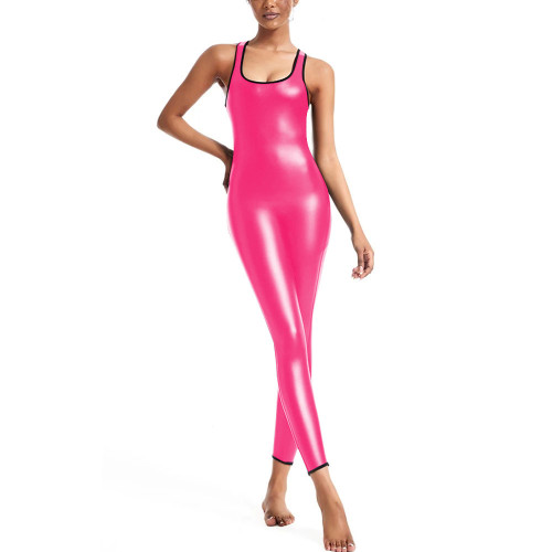 Unisex Slim Fit Jumpsuit for Party Cosplay Underwear Sleeveless Sexy Solid Color Catsuit PU Faux Leather Tight Bodysuit Zentai