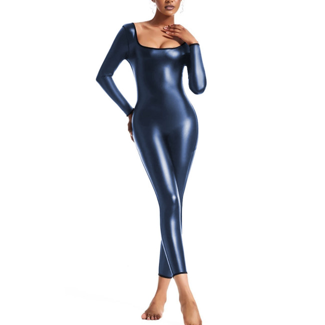 Long Sleeve Jumpsuit for Womens PU Faux Leather Slim Leggings Bodysuit Female U-neck Tight Rompers Pole Dance Catsuit Clubwear