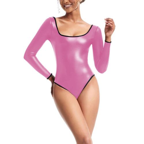 Womens Bodysuit Sexy Low Cut Square Neck Long Sleeve Playsuit Matte PU Leather High Cut Jumpsuit Party Cosplay Shapewear Teddies