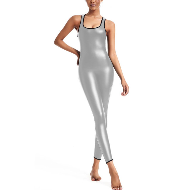 Unisex Slim Fit Jumpsuit for Party Cosplay Underwear Sleeveless Sexy Solid Color Catsuit PU Faux Leather Tight Bodysuit Zentai
