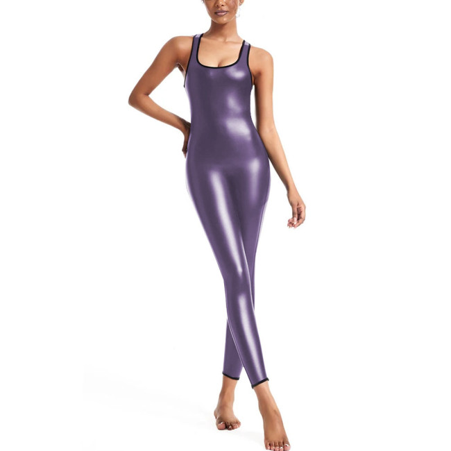 Unisex Slim Fit Jumpsuit for Party Cosplay Underwear Sleeveless Sexy Solid Color Catsuit PU Faux Leather Tight Bodysuit Zentai