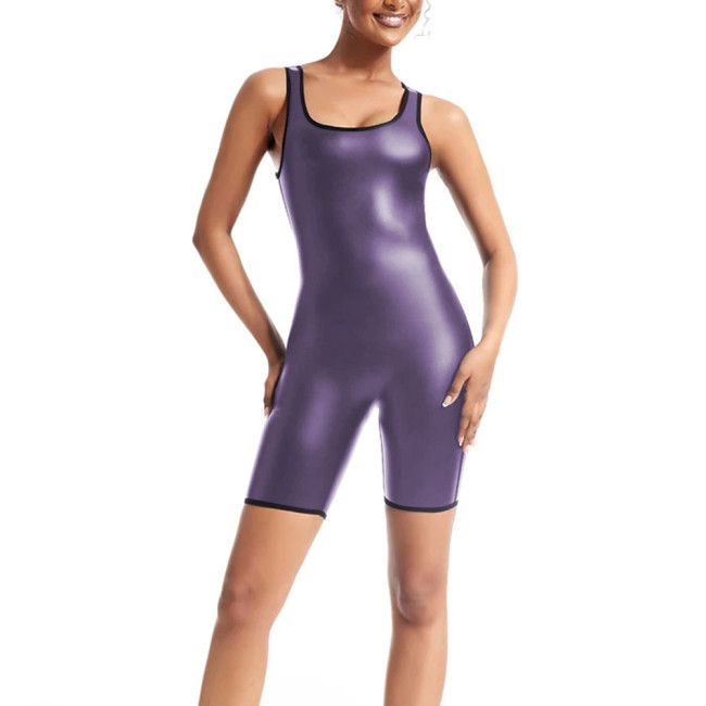 Women's U Neck Sleeveless Bodysuit Body Shapers Stretch Matte Faux Leather Short Jumpsuit PU Slim Playsuit Female Tank Rompers
