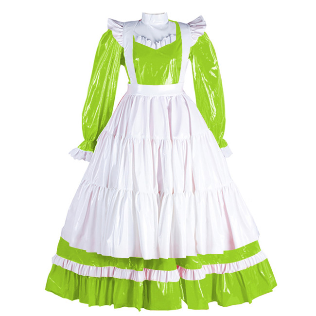 Sissy Lockable Maid Dress with Apron for Adult High Ncek Lolita Bowite Maid Maxi Dress Wet Look PVC Exotic Maid Servant Outfit