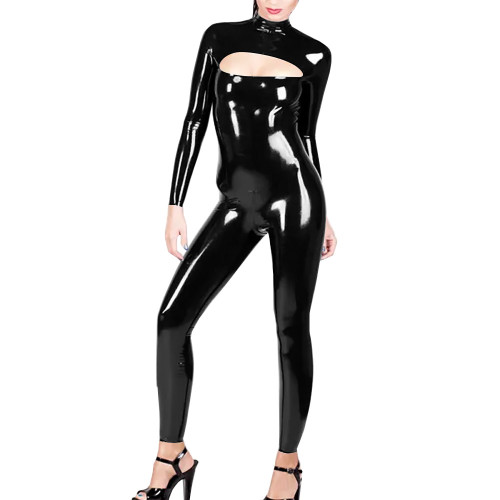 Latex Look Bodysuit for Cross-dressing Sexy Jumpsuit High Neck Hollow-Out Long Sleeve Rompers Pole Dancing PVC Leather Zentai