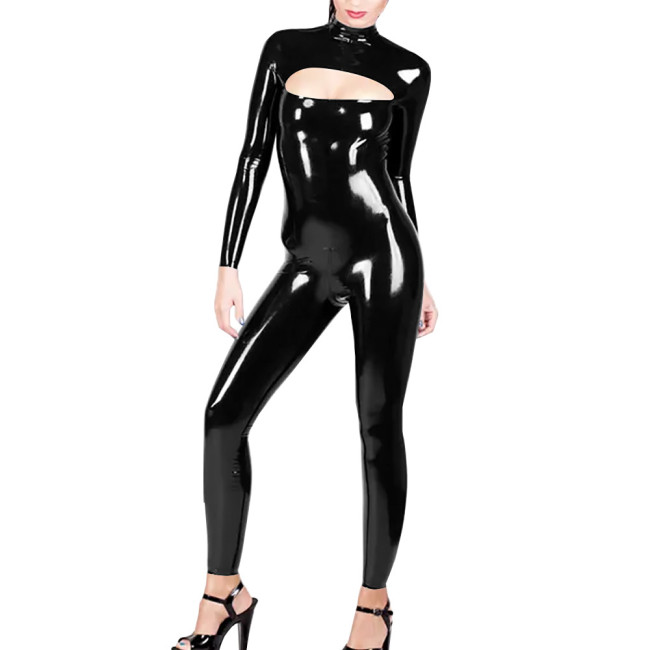 Latex Look Bodysuit for Cross-dressing Sexy Jumpsuit High Neck Hollow-Out Long Sleeve Rompers Pole Dancing PVC Leather Zentai