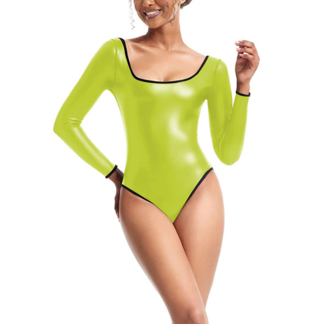 Womens Bodysuit Sexy Low Cut Square Neck Long Sleeve Playsuit Matte PU Leather High Cut Jumpsuit Party Cosplay Shapewear Teddies