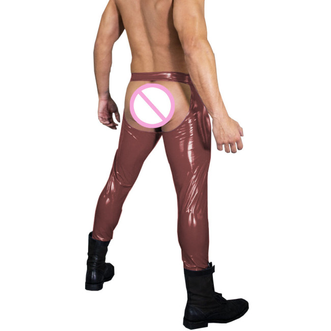 Sexy Low-rise PVC Shiny Leather Pants Leggings Erotic Hollow Out Expose Buttocks Trousers Male Tights Cosplay Cross Dress Sissy