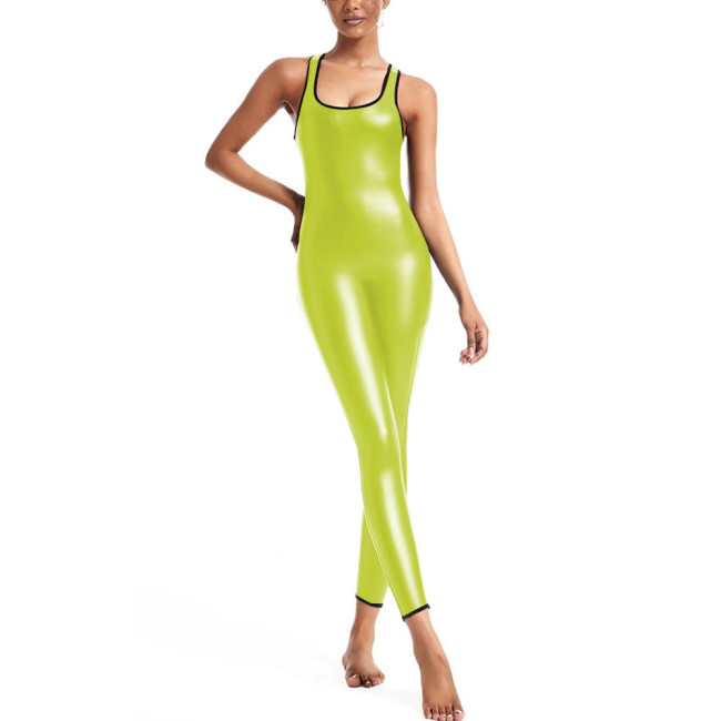 Unisex Slim Fit Jumpsuit for Party Cosplay Underwear Sleeveless Sexy Solid Color Catsuit PU Faux Leather Tight Bodysuit Zentai