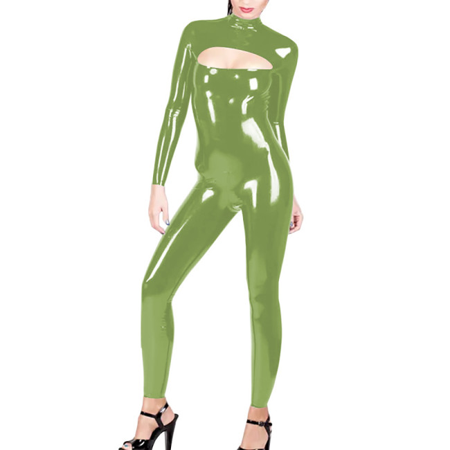 Latex Look Bodysuit for Cross-dressing Sexy Jumpsuit High Neck Hollow-Out Long Sleeve Rompers Pole Dancing PVC Leather Zentai
