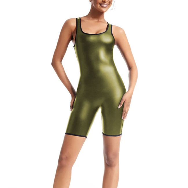 Women's U Neck Sleeveless Bodysuit Body Shapers Stretch Matte Faux Leather Short Jumpsuit PU Slim Playsuit Female Tank Rompers
