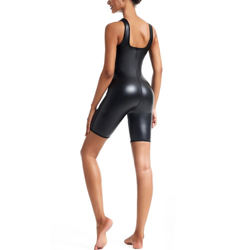 Women's U Neck Sleeveless Bodysuit Body Shapers Stretch Matte Faux Leather Short Jumpsuit PU Slim Playsuit Female Tank Rompers