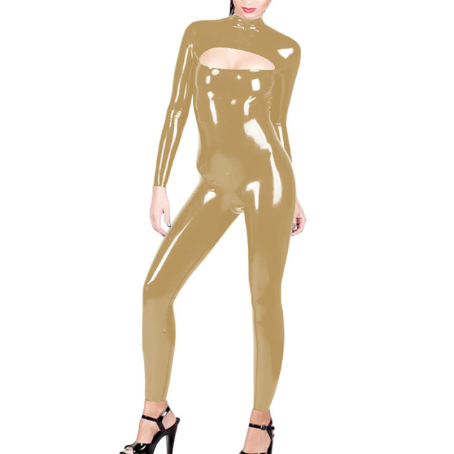 Latex Look Bodysuit for Cross-dressing Sexy Jumpsuit High Neck Hollow-Out Long Sleeve Rompers Pole Dancing PVC Leather Zentai