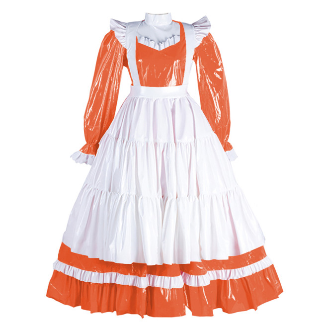 Sissy Lockable Maid Dress with Apron for Adult High Ncek Lolita Bowite Maid Maxi Dress Wet Look PVC Exotic Maid Servant Outfit