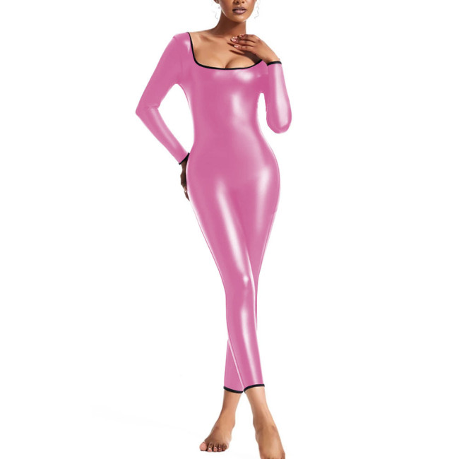 Long Sleeve Jumpsuit for Womens PU Faux Leather Slim Leggings Bodysuit Female U-neck Tight Rompers Pole Dance Catsuit Clubwear
