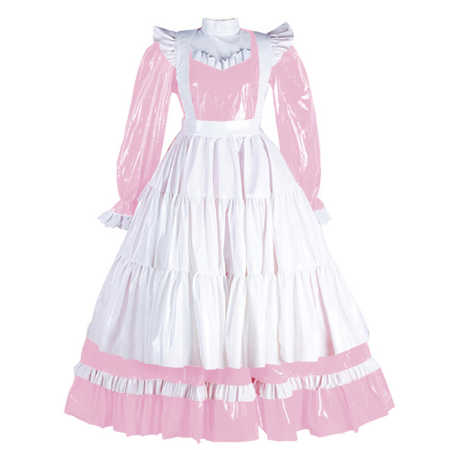 Sissy Lockable Maid Dress with Apron for Adult High Ncek Lolita Bowite Maid Maxi Dress Wet Look PVC Exotic Maid Servant Outfit