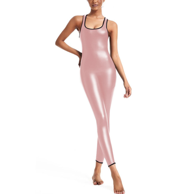 Unisex Slim Fit Jumpsuit for Party Cosplay Underwear Sleeveless Sexy Solid Color Catsuit PU Faux Leather Tight Bodysuit Zentai