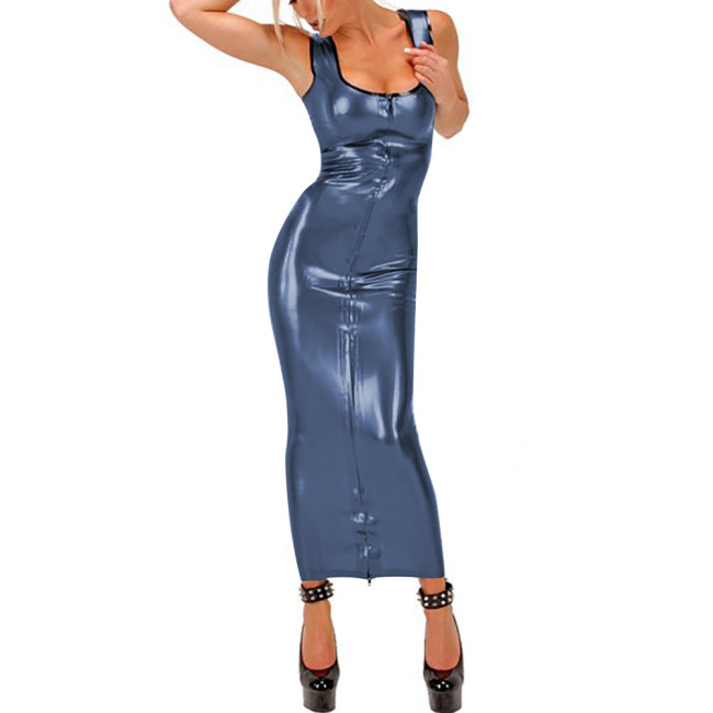 Sexy Bodycon Dress for Women Scoop Neck Sleeveless Robe Front Zipper Maxi Dress Shiny PVC Leather Female's Wild Nightclub Wear