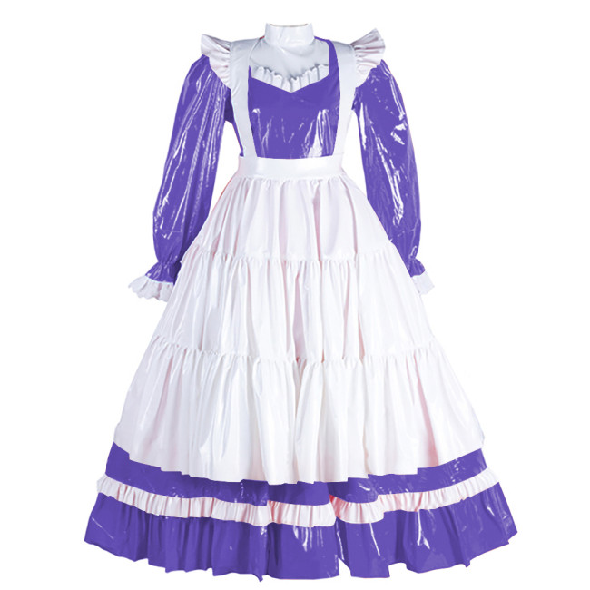 Sissy Lockable Maid Dress with Apron for Adult High Ncek Lolita Bowite Maid Maxi Dress Wet Look PVC Exotic Maid Servant Outfit