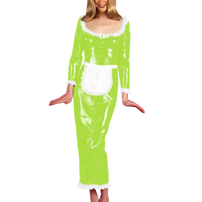 Unisex Cosplay Costumes with Sexy White Lace Hems Apron Scoop Neck Dress Long Sleeve Maxi Dress Vintage Maid Servant Outfit