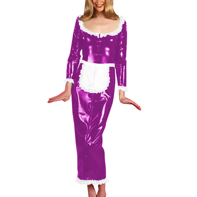 Unisex Cosplay Costumes with Sexy White Lace Hems Apron Scoop Neck Dress Long Sleeve Maxi Dress Vintage Maid Servant Outfit